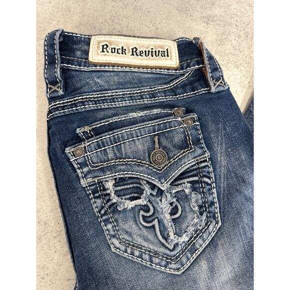 Rock Revival Taye Straight Leg Jeans Medium Wash Distressed Y2K Bling Denim  27 - Picture 11 of 11